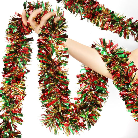 50 Feet Metallic Twist Tinsel Garland - Shiny Hanging Ornaments for Christmas Tree Indoor/Outdoor Decor (Red, Green, Gold)