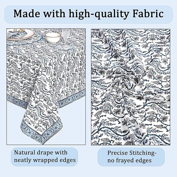 Ridhi Hand Block Print Baby Blue Eyes Rectangle Cotton Tablecloth 118" x 70" Reusable Table Cover Decorative Everyday Use for Dining, Farmhouse, Home Gift for Spring, Easter, Valentine