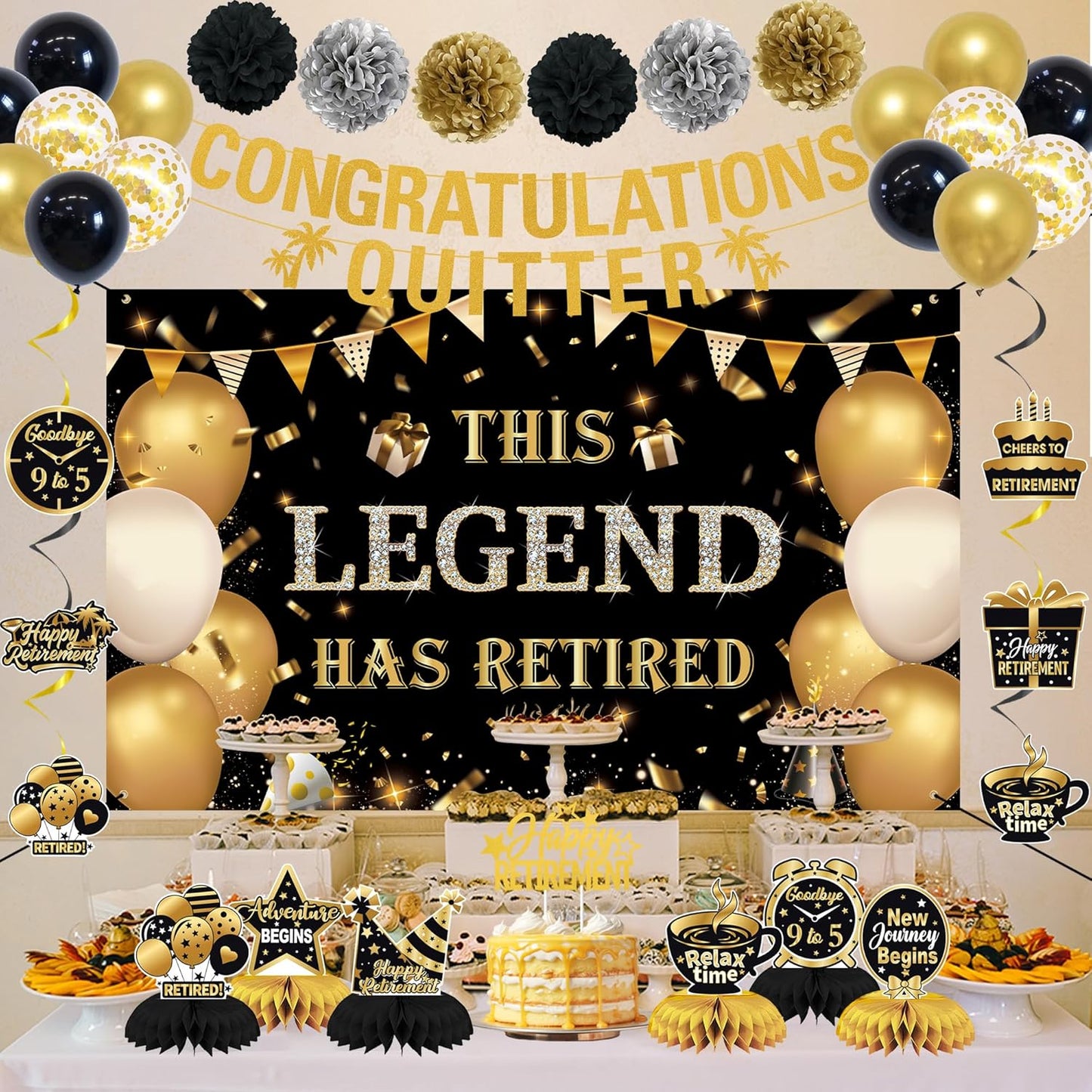 DARUNAXY Black Gold Retirement Party Decorations, This Legend Has Retired Banner Congratulations Quitter Hanging Swirl Honeycomb Confetti Balloons Black & Gold Tissue Paper Pom Poms & Cake Topper
