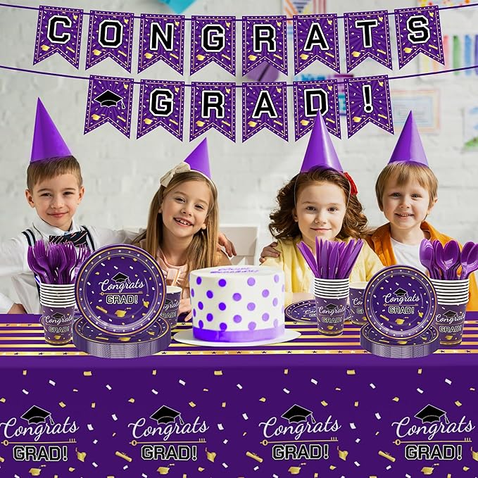 Graduation Decorations Class of 2026,147 PCS Purple and Gold Graduation Decorations,Disposable Congrats Grad Tableware Banner Graduation Plates Cups Tablecloth for Party Supply,School,College,Serve 24