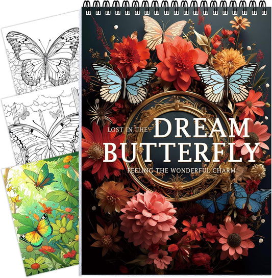 Butterfly Coloring Book for Adult Spiral Bound, Adult Coloring Book for Women Relaxation, 30 Pages One Sided Design Thick Paper Mindfulness Gift for Her, Relieving Books Fun to Color