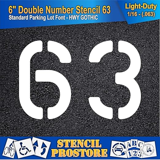 Pavement, Curb, and WheelStop Stencils - 6 inch Double Number Stencil - (63) - 6" x 9" x 1/16" (63 mil) - Light-Duty