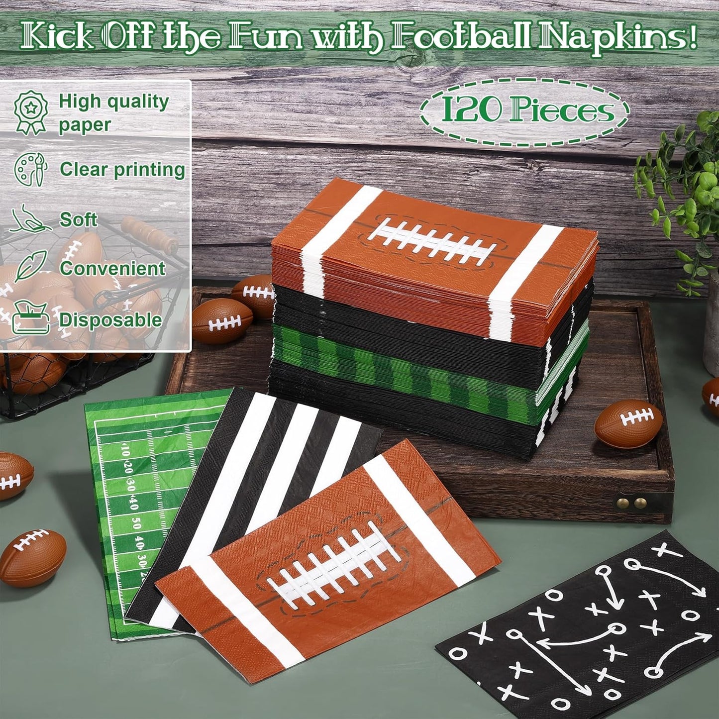 120 Count Football Party Napkins, 3-Ply Paper, Black, White, 4.33 x 7.87 Inch, Football Party Decorations