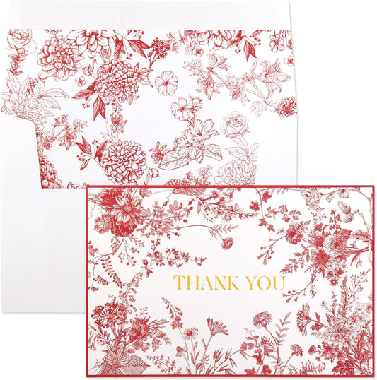 Crisky Red Floral Thank You Cards Gold Foil Greeting Notes Bulk with Envelopes & Stickers (25 Pack) for Birthday, Baby Shower, Bridal Shower, Wedding, Graduation