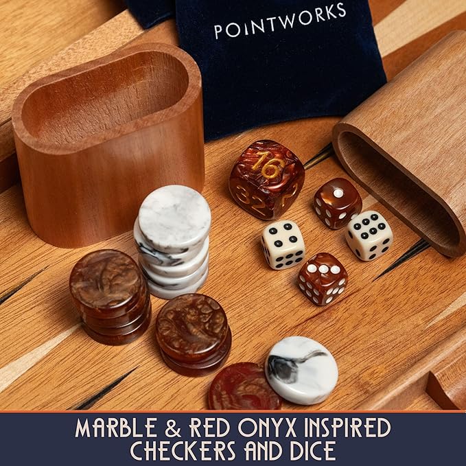 Pointworks 17 Inch Backgammon Sets for Adults. Beautiful Wood Inlaid Backgammon Board Game Set with Unique Checkers & Dice. Large Back Gammon Game Sets Travel Size for 2 Players Nardi or Tavla