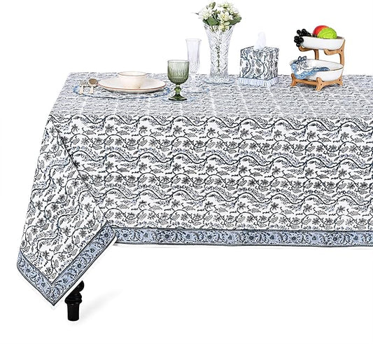 Ridhi Hand Block Print Baby Blue Eyes Rectangle Cotton Tablecloth 160" x 72" Reusable Table Cover Decorative Everyday Use for Dining, Farmhouse, Home Gift for Spring, Easter, Valentine