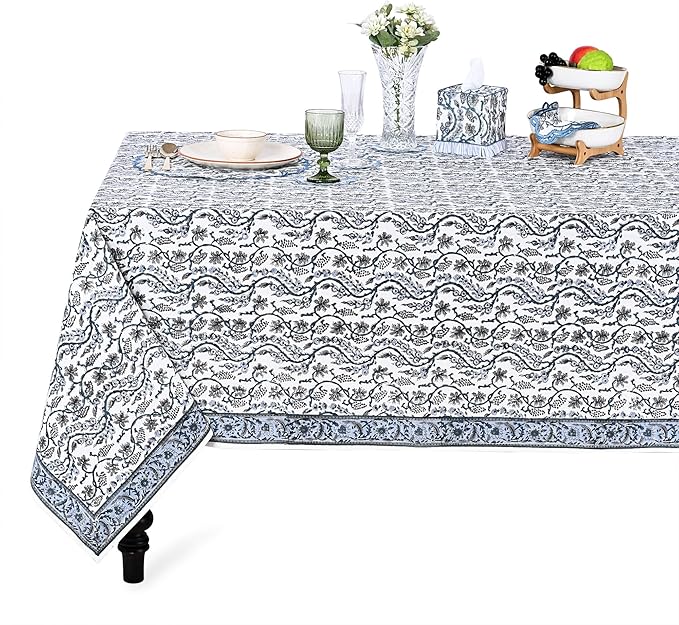 Ridhi Hand Block Print Baby Blue Eyes Rectangle Cotton Tablecloth 108" x 70" Reusable Table Cover Decorative Everyday Use for Dining, Farmhouse, Home Gift for Spring, Easter, Valentine