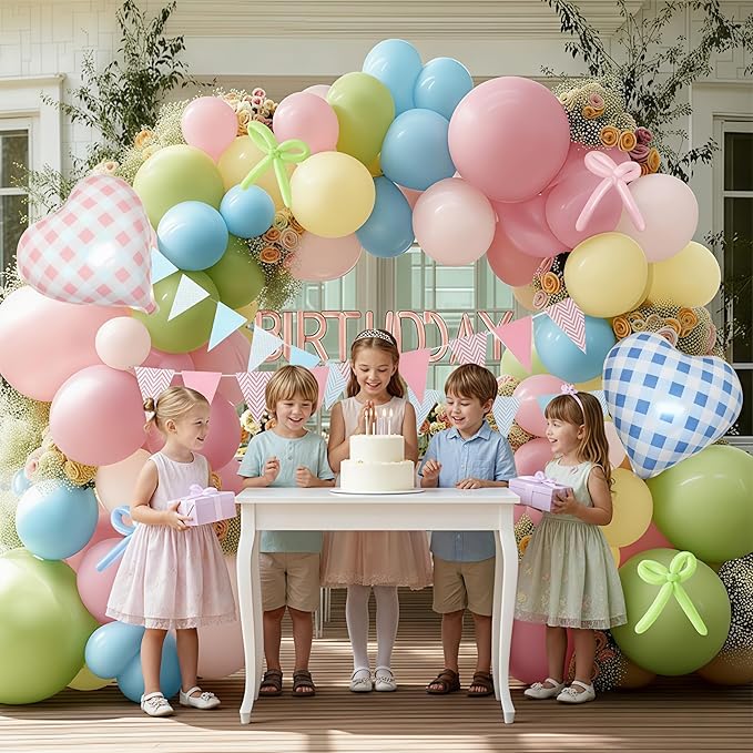 Pastel Balloon Arch Kit Double Stuffed Light Pink Blue Yellow Green Balloon Garland Gingham Heart Foil Balloons Striped Pennant Banner for Easter Baby Shower Birthday Gender Reveal Party Decorations