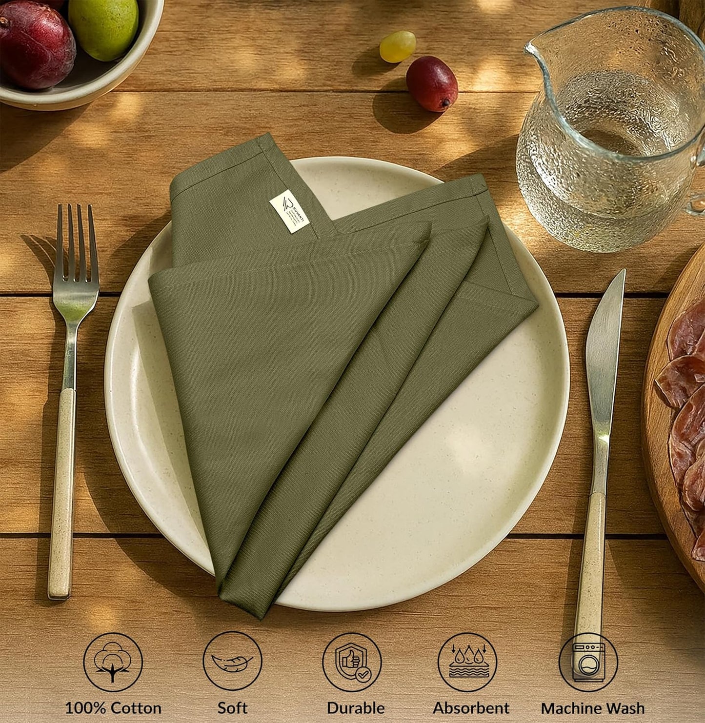 Ruvanti Premium Cloth Napkins Set of 12, 18x18 Inches, 100% Cotton, Washable, Soft & Absorbent, Perfect for Wedding, Christmas, ‎Thanksgiving Dinners -Capulet Olive