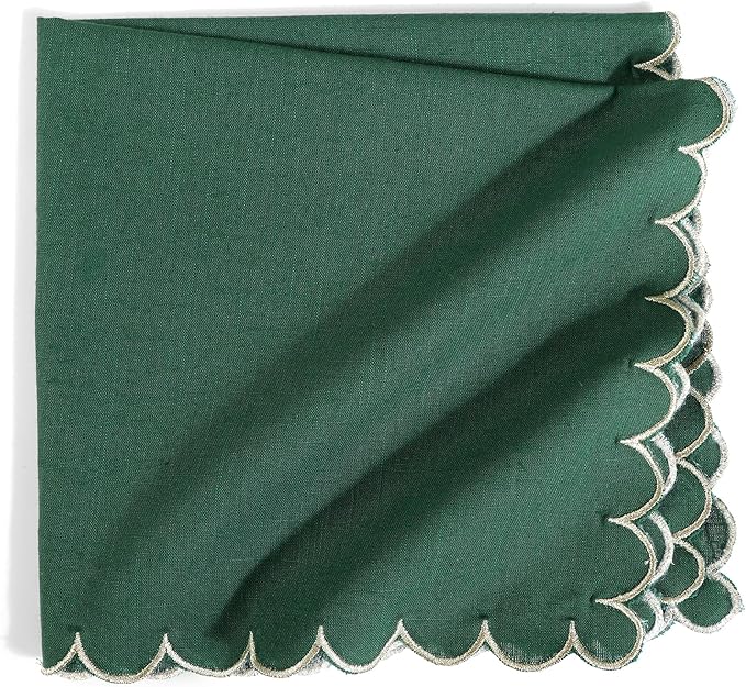 FINGERCRAFT Cloth Napkins, Everyday Use Scallop Design with Golden Zari, Premium Quality Natural Cotton Napkin Cloth Set of 6 Perfect for Parties Dinners Weddings Christmas 20x20 inch Eden Green