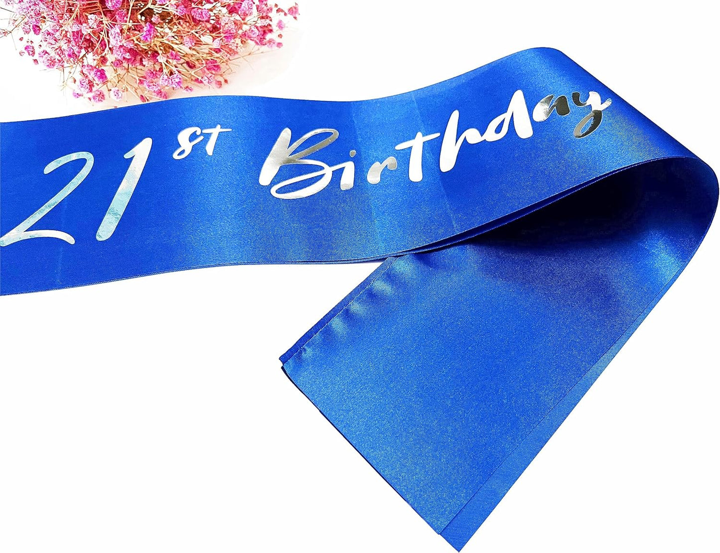 21st Birthday Sash, Blue Satin Soft Sashes with Silver Foil Letter, Birthday Decorations for Girls or Boys, Happy 21st Birthday Party Favor Supplies,Blue Silver
