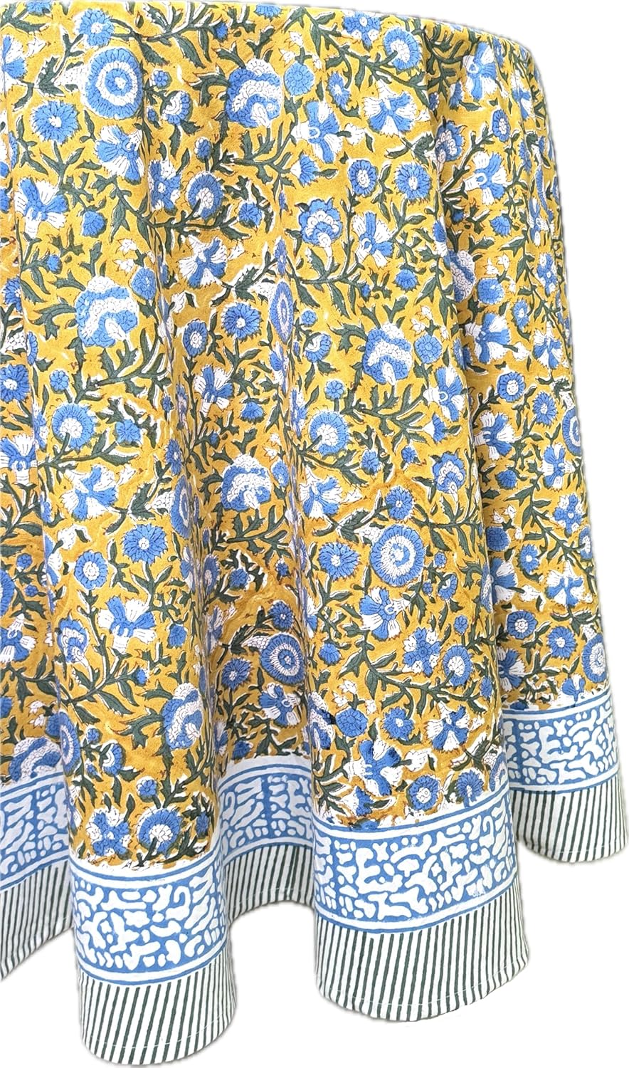 ATOSII Marigold Blue100% Cotton Round Tablecloth, Block Print Floral Table Cloth for Dining, Parties, Weddings, Outdoors, Holidays I 90" Inches, 6 Seater I Grandmillennial Farmhouse Spring Summer Boho