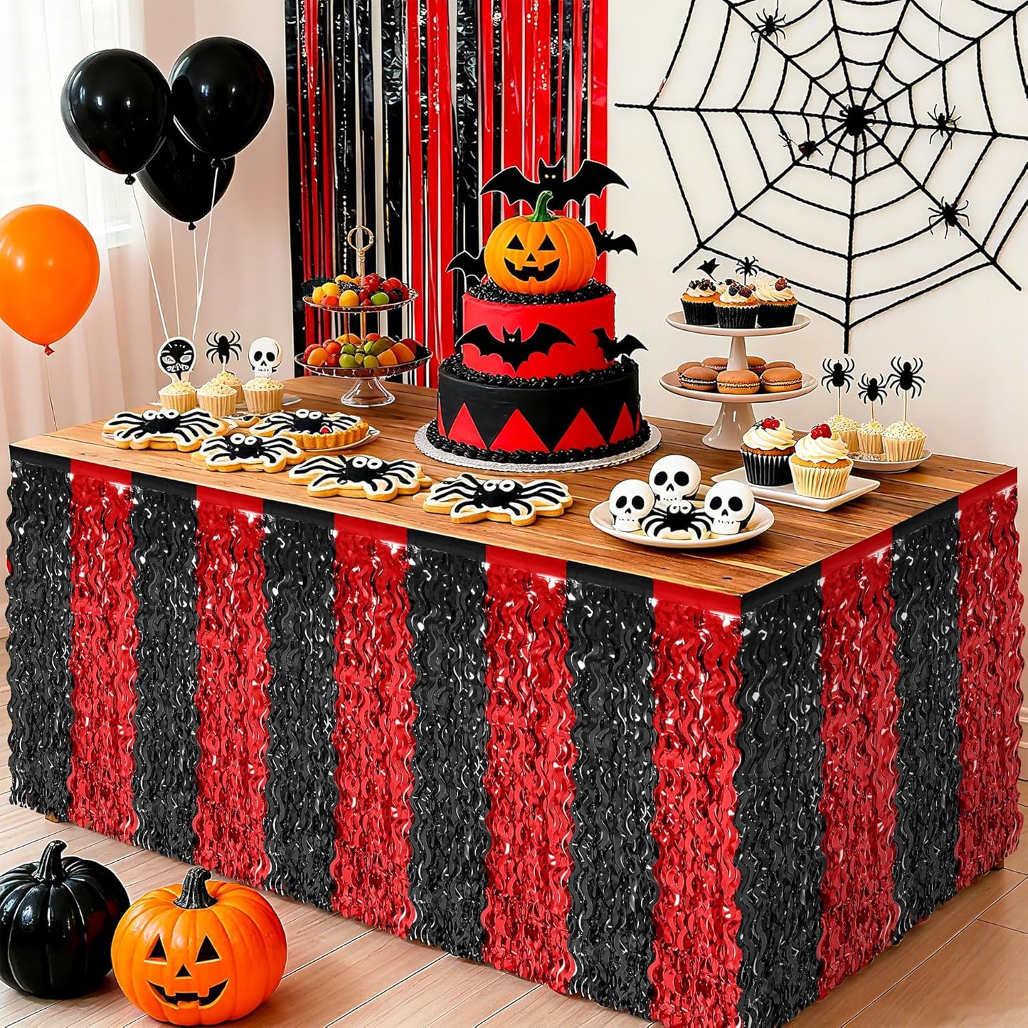 2 Pack Desk Skirt, Black Red Desk Grass Skirt for Table, Halloween Metallic Wavy Tinsel Foil Fringe Table Skirts, Foil Table Skirt for Halloween Graduations Birthday Indoor Party Decorations