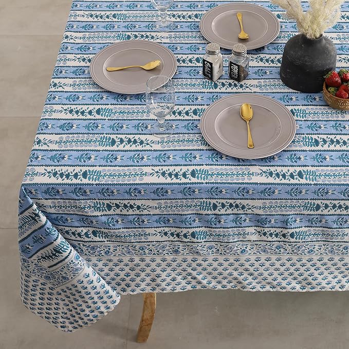 Labhanshi Blue Indian Handblock Print Pre-Washed Cotton Floral 60x90 Inch Rectangle 6-Seater Tablecloth|Farmhouse Decorative Party Event Wedding Spring Easter Festive Holiday Decor|Blue