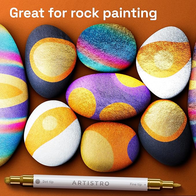 ARTISTRO 24 Metallic Acrylic Paint Markers for Rock, Fabric, Wood, Glass, Decoration - Dual-Tip Paint Pens for Coloring Books for Adults, Teens, Kids - Art and Craft Supplies Kit - Gift Idea