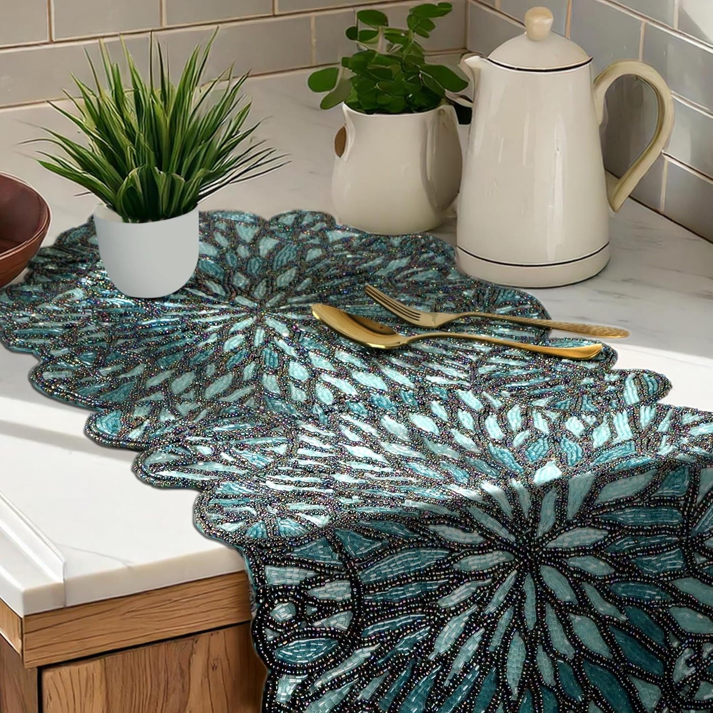 Festive Beaded Table Runner - 13x36 Handmade Stone Sapphire Beaded Table Runner - Floral Art Deco Design & Durable Polyester Backing for Farmhouse, Bridal & Holiday Décor (Blue Black) - CLEENTABLE