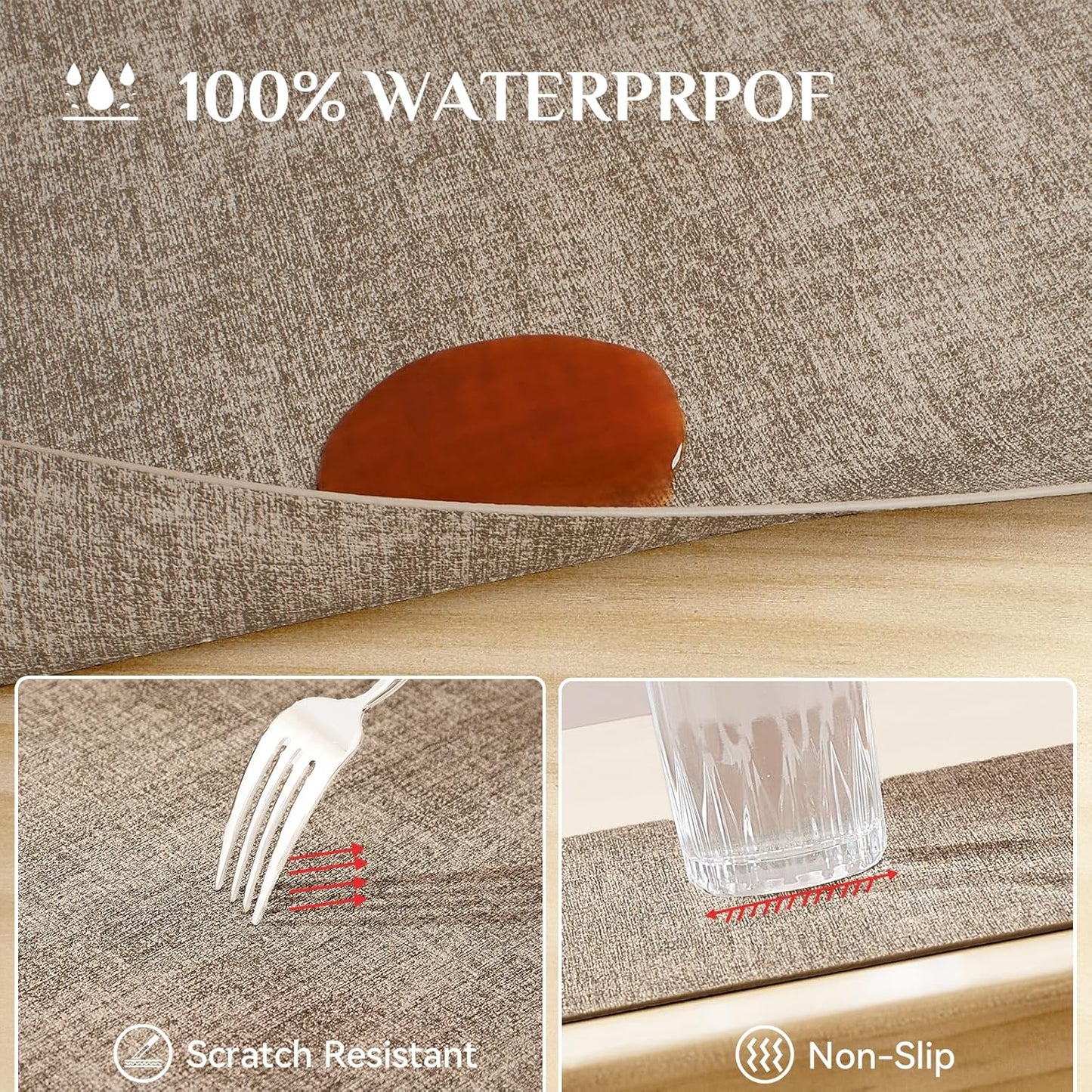 Softalker Vinyl Placemats Set of 4 - Faux Leather Heat Resistant Place Mats, 100% Waterproof Oilproof Wipe Clean Table Mats for Indoor & Outdoor Use, 17’’×12’’, Khaki