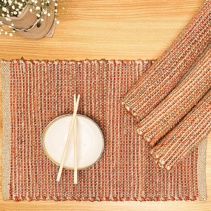 Chardin Home Natural Jute & Rust Orange Placemats, Set of 4 – Rustic Handmade Boho Table Mats, 13x19 Inch Dining Table Placemats for Kitchen, Everyday Meals, Holidays, Farmhouse or Modern Table Décor