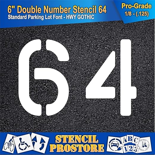 Pavement, Curb, and WheelStop Stencils - 6 inch Double Number Stencil - (64) - 6" x 9" x 1/8" (128 mil) - Pro-Grade