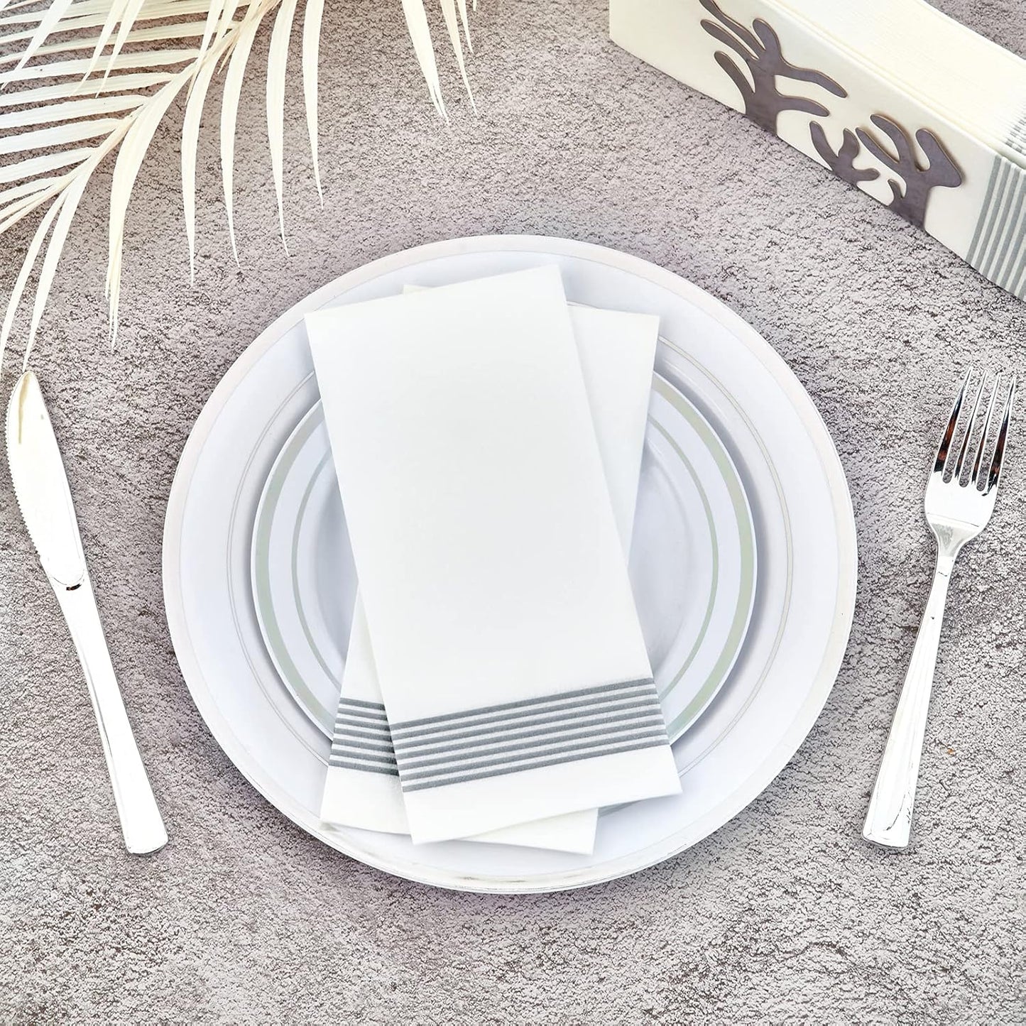LITOPAK 100 Pack Guest Towels Disposable, Soft And Absorbent Bathroom Napkins, Paper Guest Towels for Bathrooms, Party, Wedding or Events. White and Silver