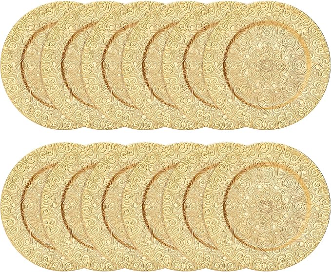 SOUJOY 12 Pack Gold Charger Plates, 13 Inch Plastic Dinner Plate, Reusable Round Phoenix Pattern Elegant Serve Ware Plates for Weddings, Parties, Anniversary, Thanksgiving