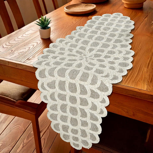 Beaded Table Runners 36 Inches, Hand Beaded Decorative Farmhouse Glitz Table Runner for Christmas Wedding Baby Shower Bridal Shower, Seasonal Winter Holiday Kitchen Dining Table Silver - CLEENTABLE