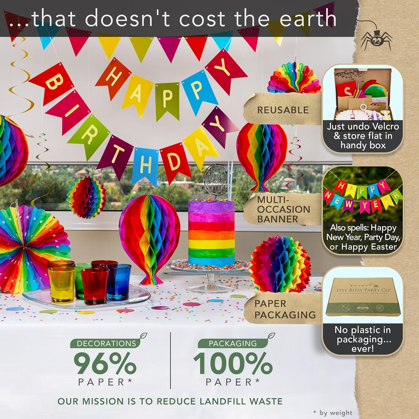 Premium Reusable Happy Birthday Decorations - Colorful Rainbow Birthday Decorations for Kids, Women, and Men - Multi-occasion Banner, Pennant Banner, Paper Fans - Party Decor by Itsy Bitsy Party Co