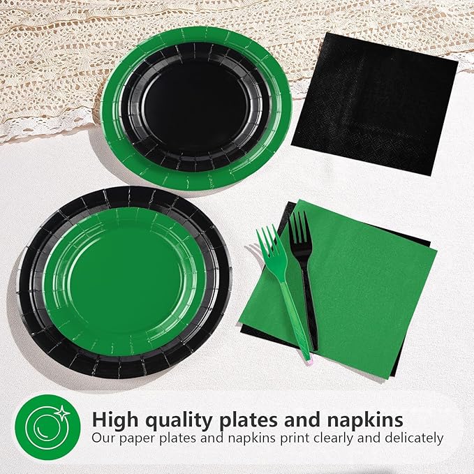 Grencian 96 Pcs Green and Black Birthday Decorations Solid Color Party Plates and Napkins Disposable Heavy Duty Green and Black Tableware Set for Holiday Birthday Baby Shower Party Decorations