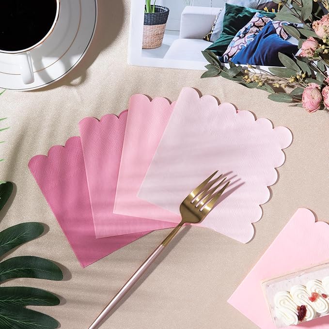 100 Pcs Pink Cocktail Napkins Folded 5 x 5 Scalloped Napkins Gradient Color Beverage Napkins Disposable Dessert Napkins for Birthday Party Supplies Wedding