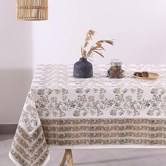 Labhanshi Indian Handblock Print Floral 100% Cotton Pre-Washed Canvas Rectangle Table Cloth|72x135 Inch 10-Seater Large Decorative Table Cover|Spring Easter Festive Holiday Decor|Beige Brown