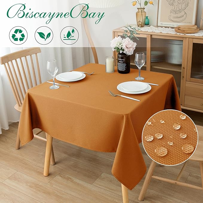 Biscaynebay Fall Tablecloth Textured Fabric Square Tablecloths 54x54 Inch, Bronze Thanksgiving Autumn Harvest Water Resistant Fabric Tablecloths for Kitchen, Dining, Wedding, Parties Machine Washable