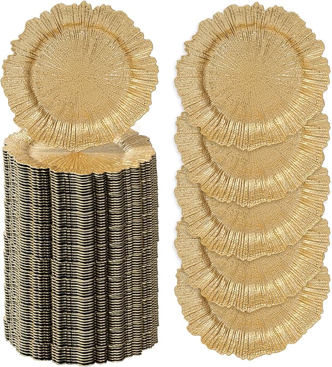 MAONAME 13" Gold Charger Plates Set of 100, Plastic Reef Plate Chargers Bulk, Round Charger for Dinner Plates, Table Chargers for Wedding Decor