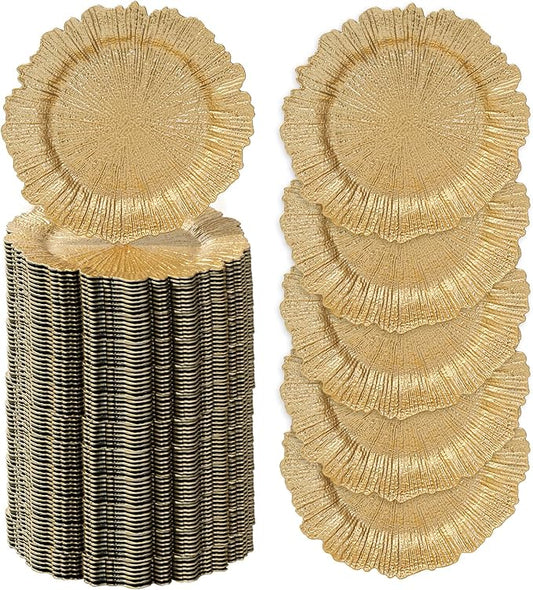 MAONAME 13" Gold Charger Plates Set of 100, Plastic Reef Plate Chargers Bulk, Round Charger for Dinner Plates, Table Chargers for Wedding Decor
