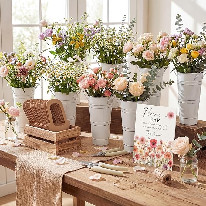 LEIFIDE 45 Pcs Flower Bar Buckets Set Kit Bloom Bar Supplies Include Wood Sign Gift Bags Iron Bucket Garden Flower Shears for Valentine Days Wedding Bridal Shower Table Centerpieces (White)