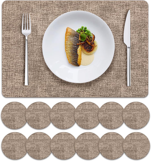 MOSAYT Faux Leather Placemats Set of 12, Heat Resistant Vinyl Place Mats with Coasters, Wipeable Washable 100% Waterproof Oil Proof Table Mat for Kitchen Dining Party Indoor Outdoor, 12" x 18", Khaki