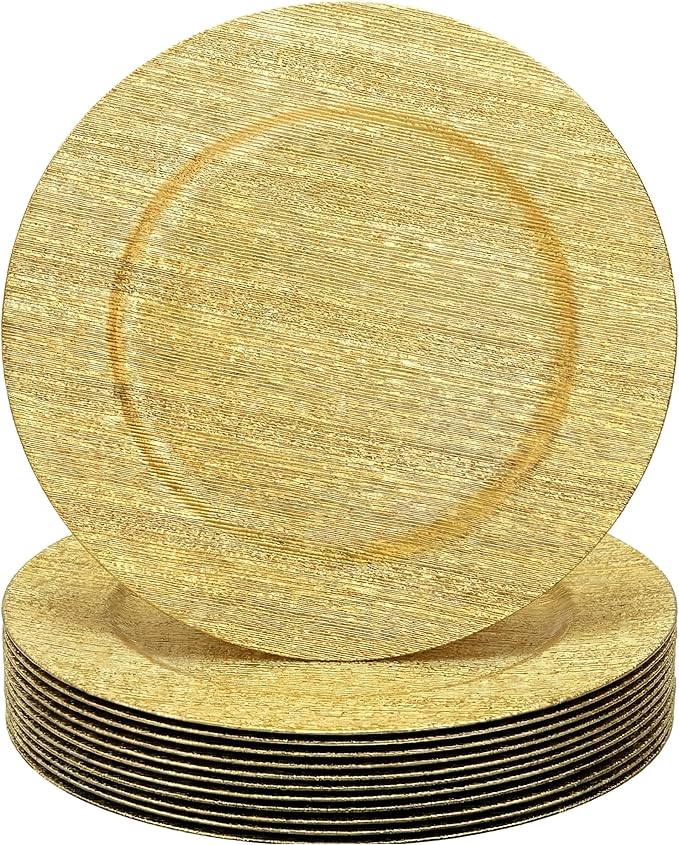 Tanlade 30 Pcs Charger Plates Bulk 13 Inch Plastic Texture Strip Wedding Chargers Floral Decorative Plates with Metallic Ruffled Rim for Wedding Party, Holiday Event Supplies(Gold)