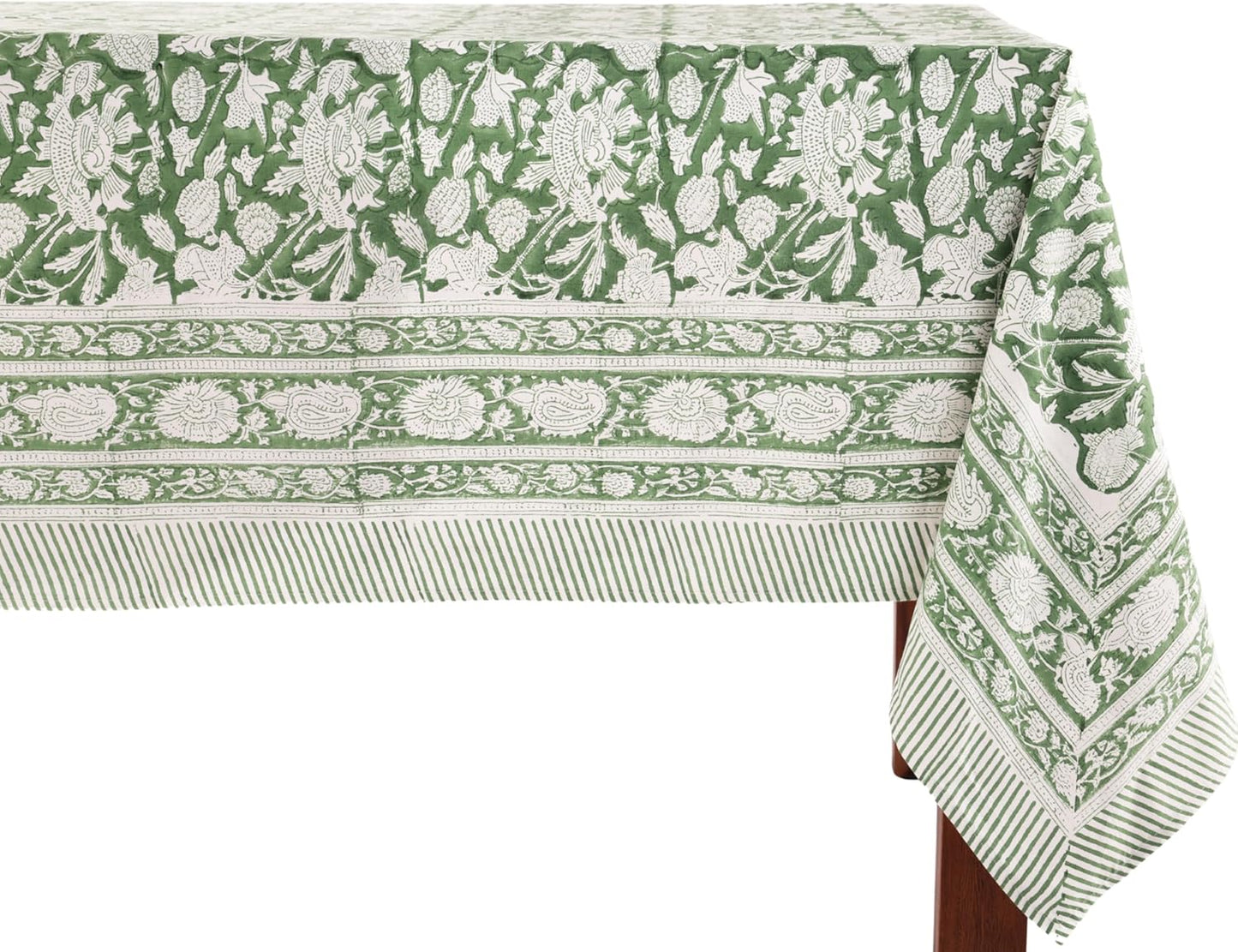 ATOSII Meraki Green 100% Cotton Spring Summer Tablecloth, Block Print Rectangle Table Cover - Dining, Parties, Outdoors, Weddings, Grand Millennial Decor 60 X 60 Inches I 4 Seater I