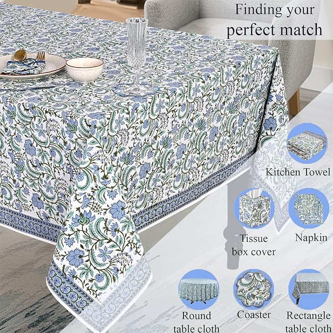 Ridhi Hand Block Print Columbia Blue Rectangle Cotton Tablecloth 120" x 80" Reusable Table Cover Decorative Everyday Use for Dining, Farmhouse, Home Gift for Spring, Easter, Valentine