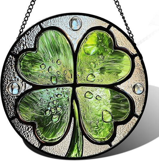 Stained Glass Window Hanging - St. Patrick's Day Green Irish Themed Gifts Sun Catcher Door Home Clover Decor Suncatcher Christmas Mother's Day Birthday Gifts for Women Men Mom Nana 9.8 in