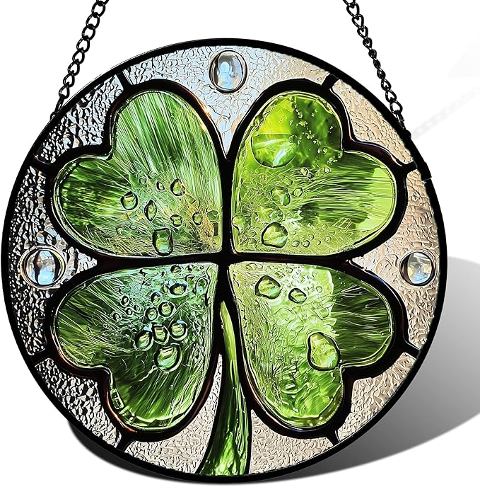Stained Glass Window Hanging - St. Patrick's Day Green Irish Themed Gifts Sun Catcher Door Home Clover Decor Suncatcher Christmas Mother's Day Birthday Gifts for Women Men Mom Nana 15 in