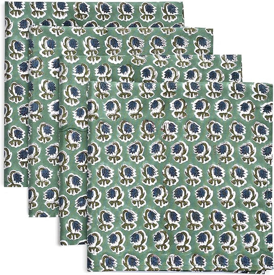 Ridhi Basil Green Hand Block Print 100% Cotton Napkins 18" x 18" (Set of 4) Reuseable Kitchen Napkins Cloth Decor Dinner Party Wedding Cocktail Gift for Spring, Easter, Valentine
