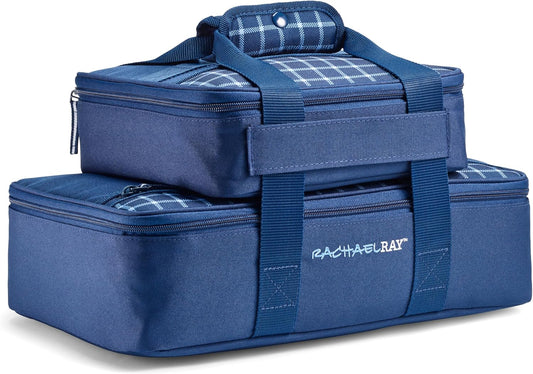 Rachael Ray Lugger Duo, Insulated Casserole Carrier for Hot or Cold Food, Thermal Lasanga Lugger Tote for Potluck, Parties, Picnic, and Cookouts, Fits 9" x 13" Baking Dish, Navy Gingham