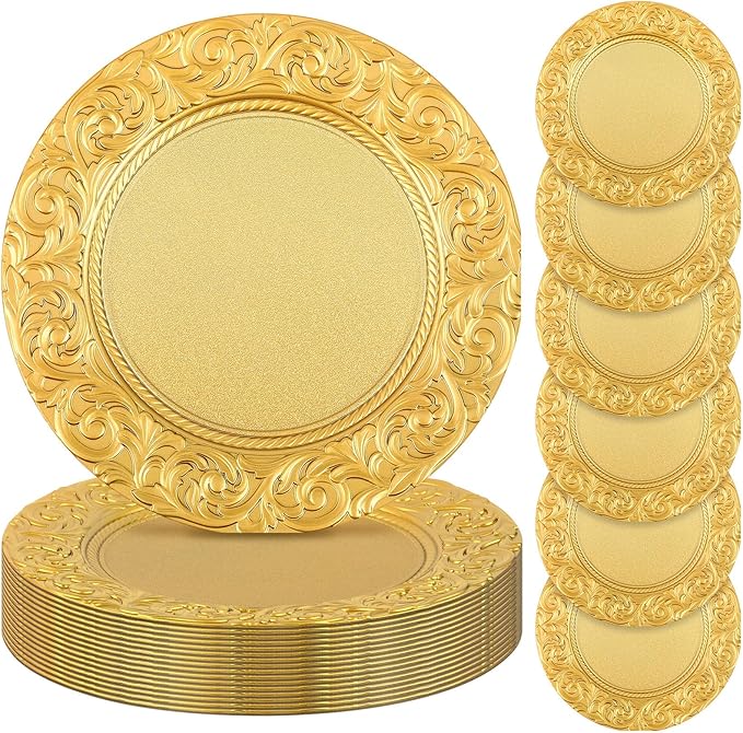 Uiifan 24 Pcs Antique Charger Plates Bulk 13'' Plastic Plate Chargers Decorative Embossed Rim Round Plates for Wedding Party Event Dinner Kitchen Table Setting Decoration (Gold)