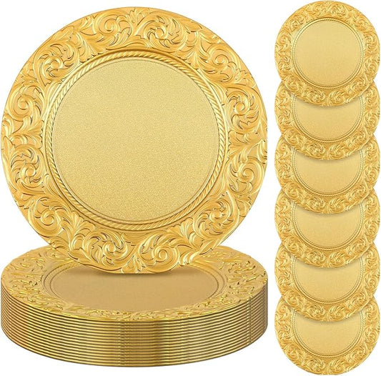 Uiifan 24 Pcs Antique Charger Plates Bulk 13'' Plastic Plate Chargers Decorative Embossed Rim Round Plates for Wedding Party Event Dinner Kitchen Table Setting Decoration (Gold)
