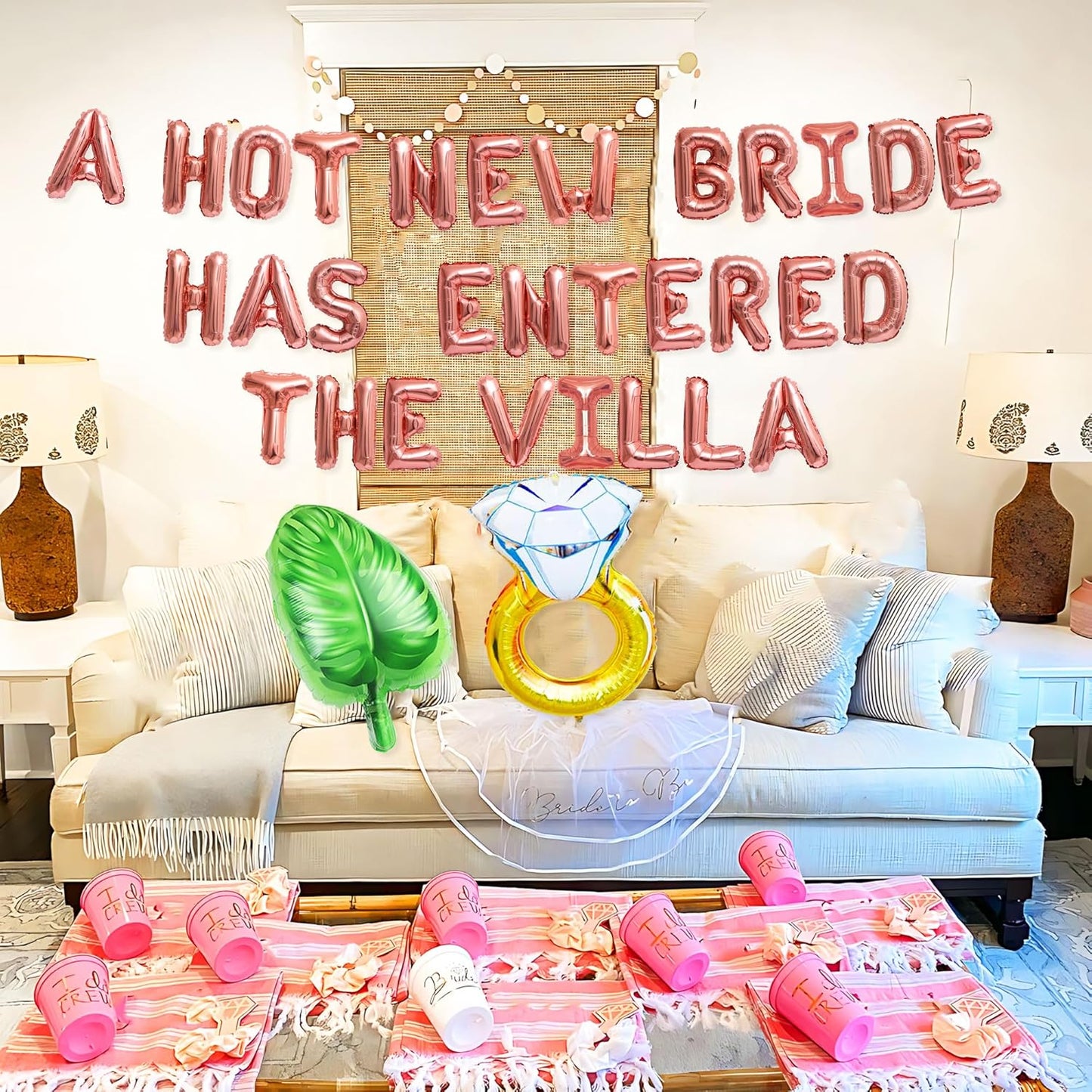 A Hot New Bride Has Entered The Villa Banner Balloons Palm Tree Ring Mylar Balloon for Love Island Themed Bachelorette Party Decorations