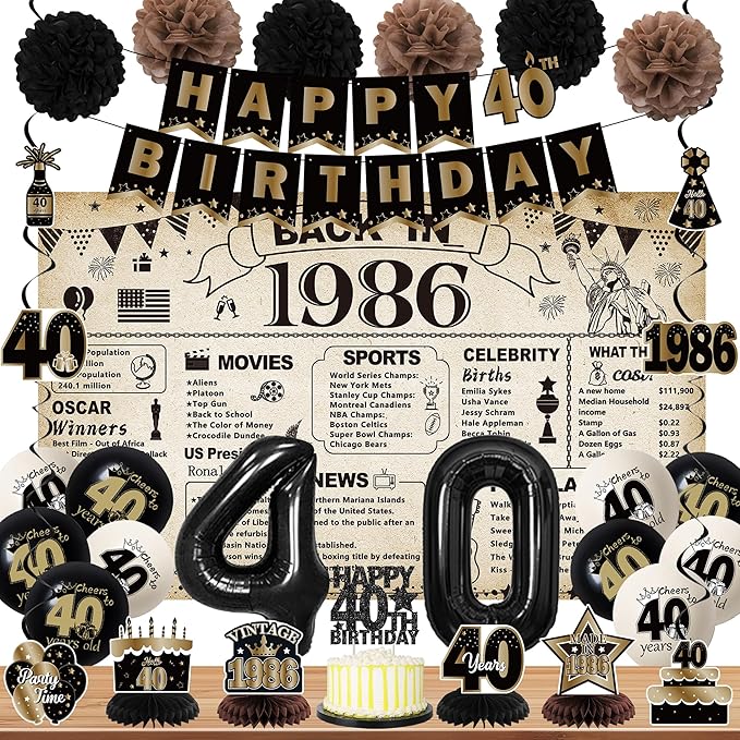 DARUNAXY 40th Birthday Party Decorations for Men Women, Vintage Back in 1986 Banner, Black 40 Number Balloons & Cake Topper, Vintage 1986 40 Birthday Honeycomb Hanging Swirl Confetti Balloons(30PC)