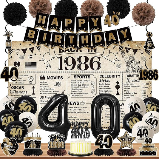 DARUNAXY 40th Birthday Party Decorations for Men Women, Vintage Back in 1986 Banner, Black 40 Number Balloons & Cake Topper, Vintage 1986 40 Birthday Honeycomb Hanging Swirl Confetti Balloons(30PC)