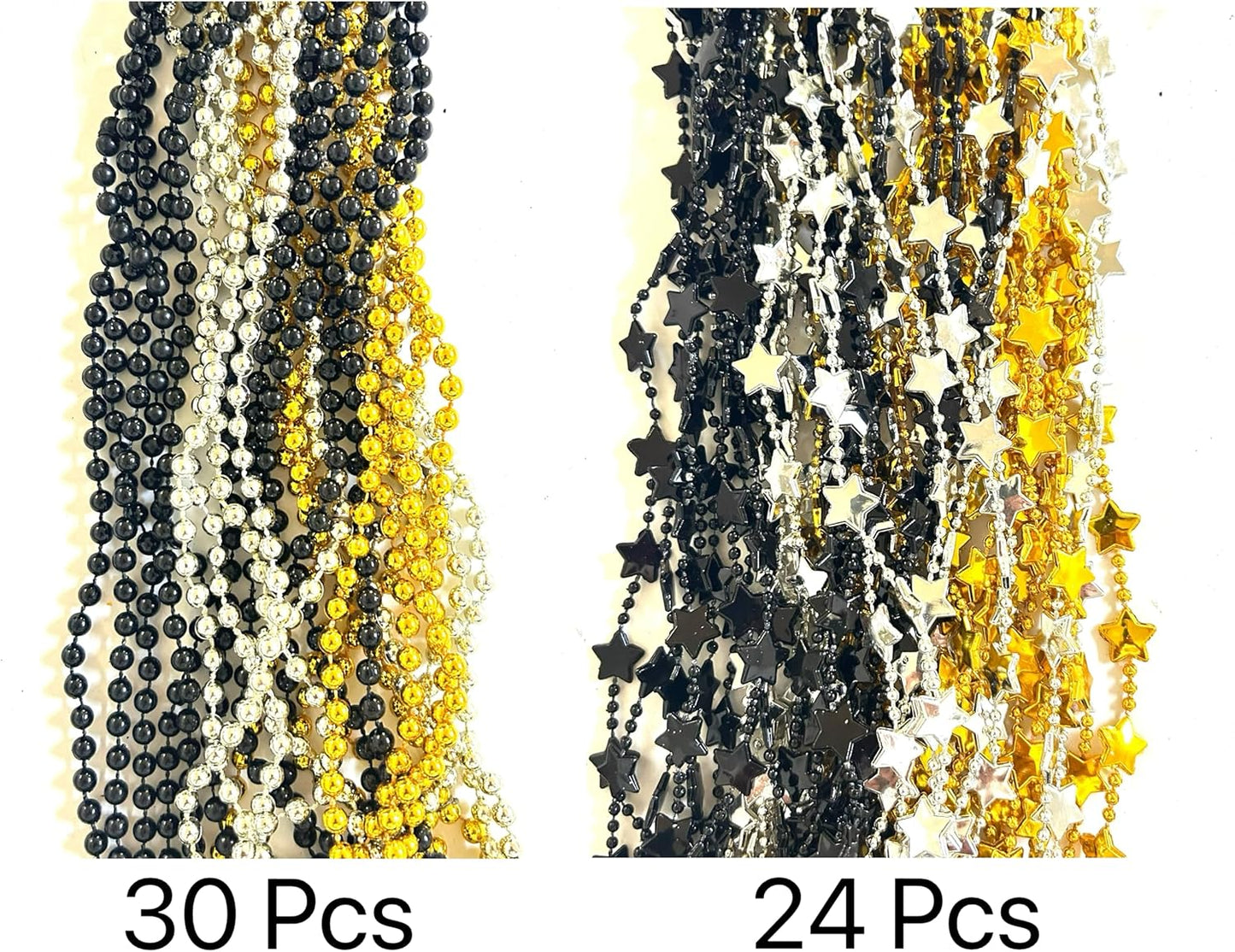 81 Pcs Happy New Year Beads Necklaces - Black, Gold, Silver - New Year Eve Bulk Accessories & Decorations