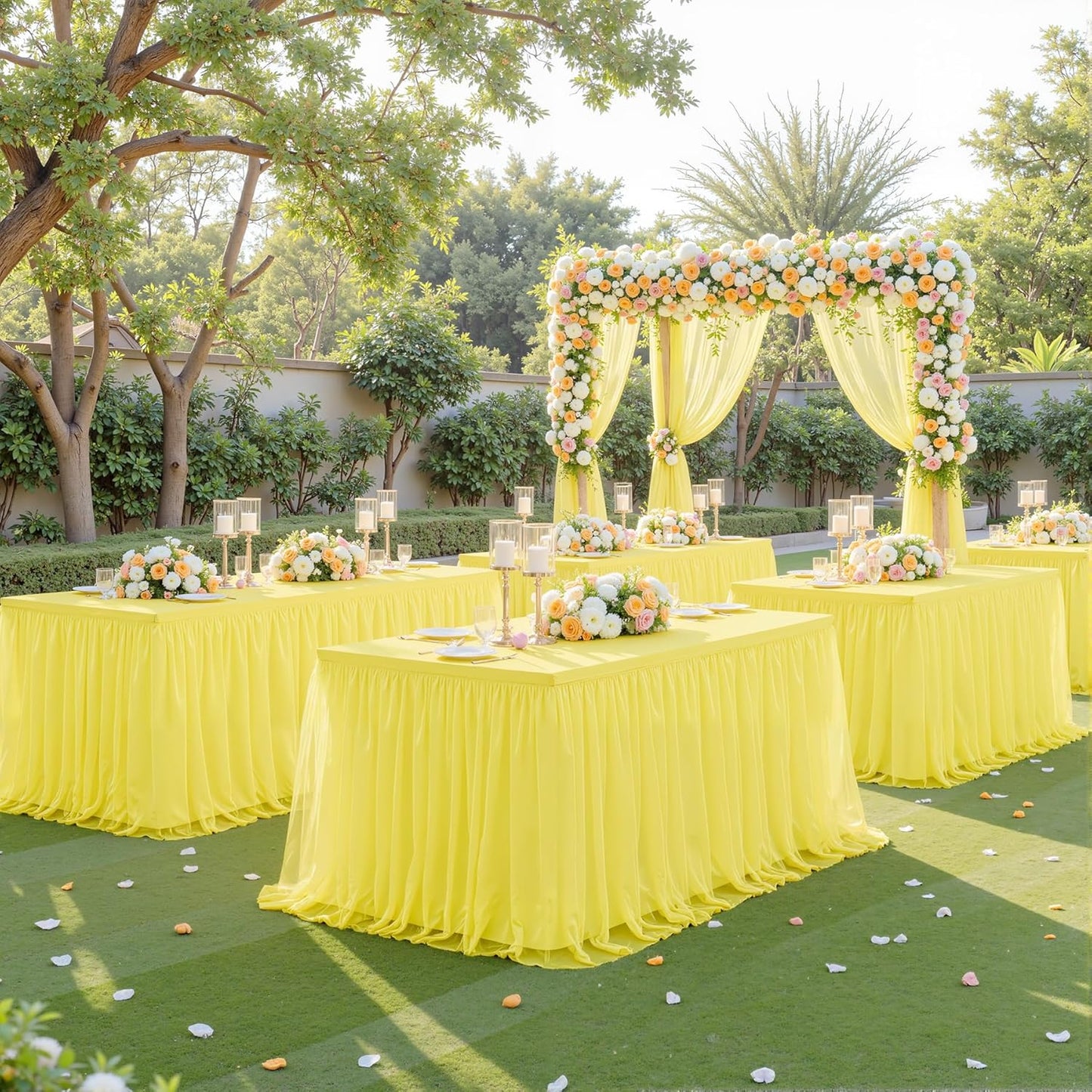 6 Pack Yellow Tulle Tablecloth for 8 Foot Rectangular Tables 8ft Yellow Rectangle Table Cloths Wrinkle Free Table Cover with Tutu Skirt for Birthday Cocktail Banquet Buffet Lemon Fruit Party Decor