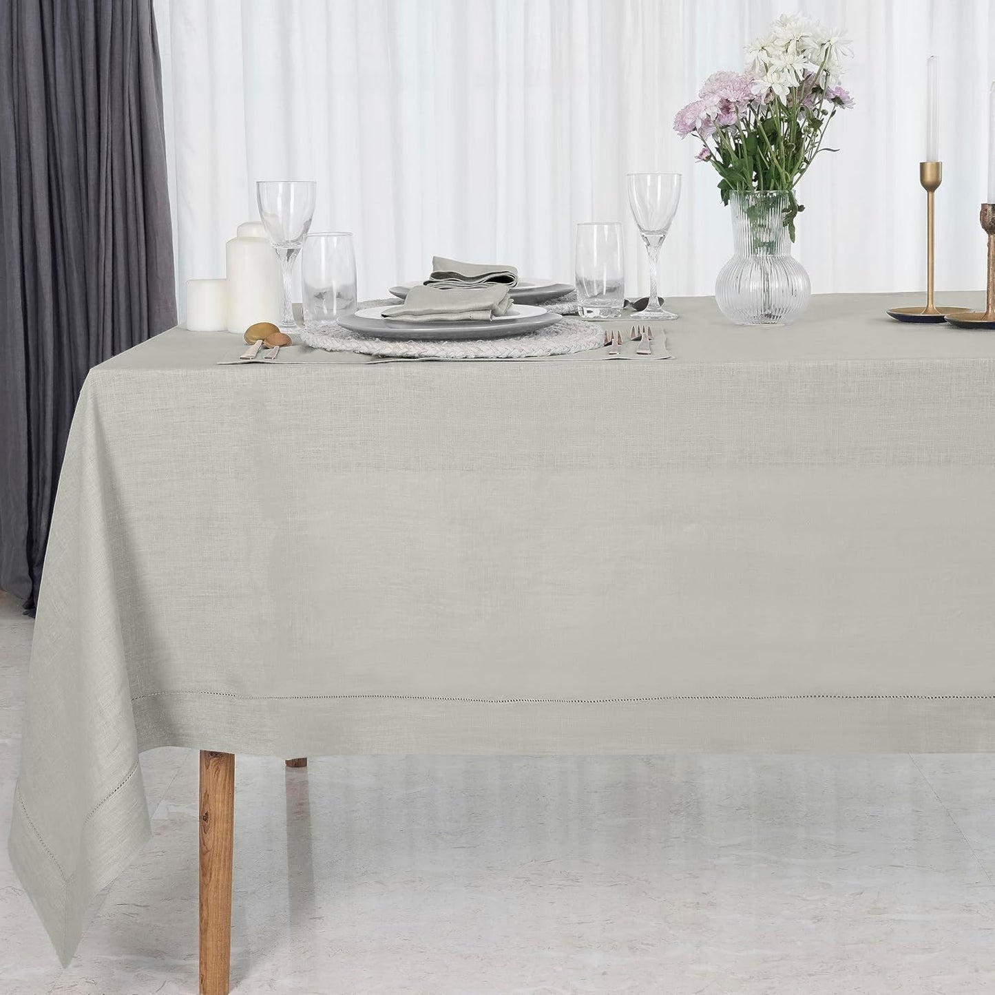 D'Moksha Homes Silver Grey Linen Tablecloth 60 x 120 Inch - 100% Pure Linen Hemstitch Tablecloth for Rectangle Tables - Classic Hemstitch, Machine Washable Table Cloth for Thanksgiving